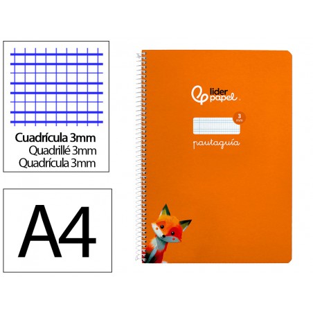 Cuaderno espiral liderpapel din a4 pautaguia tapa dura 80h 90 gr cuadro pautado 3mm color naranja