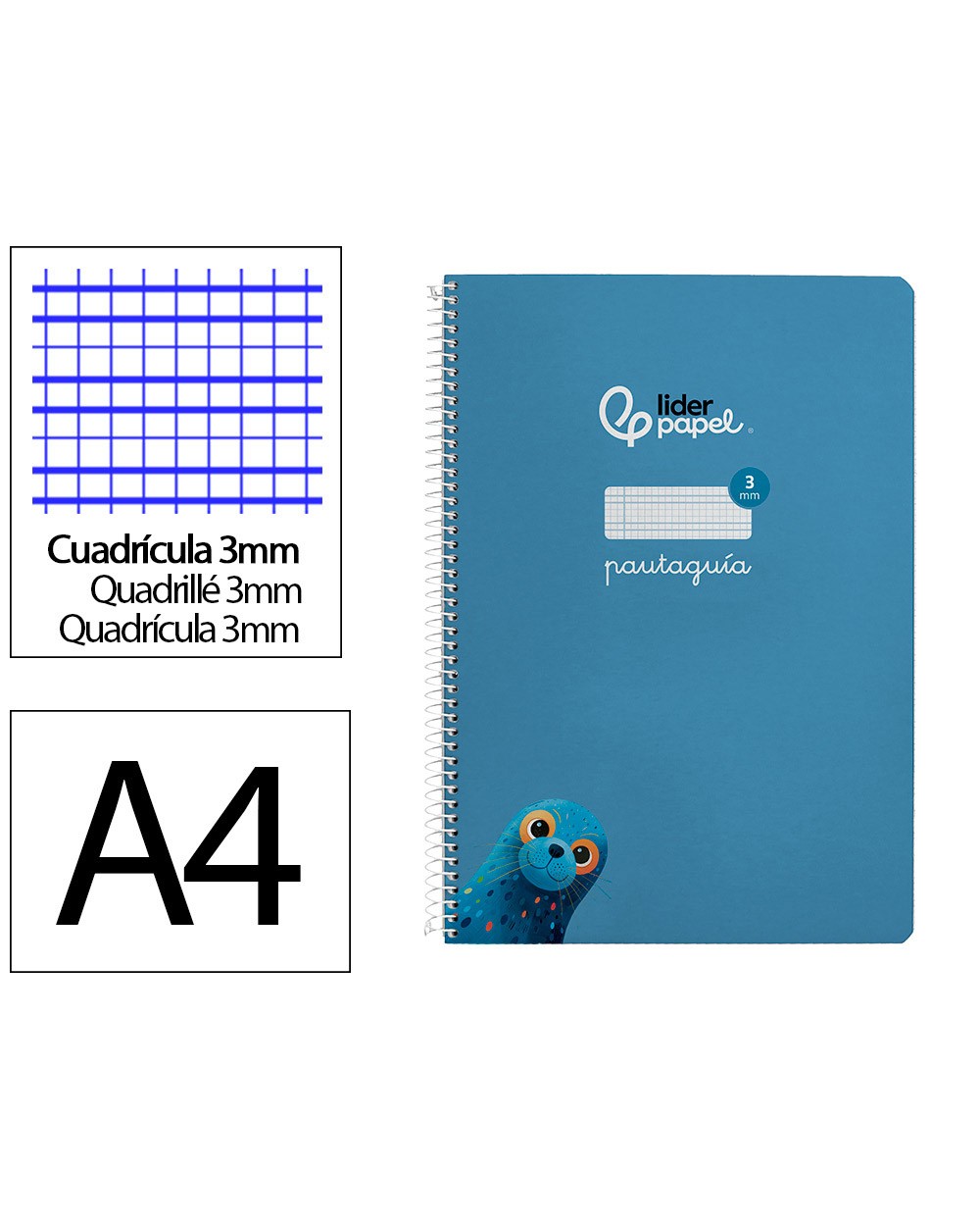 Cuaderno espiral liderpapel din a4 pautaguia tapa dura 80h 90 gr cuadro pautado 3mm color azul