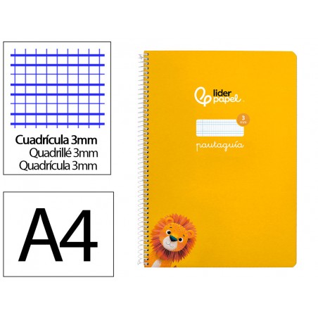 Cuaderno espiral liderpapel din a4 pautaguia tapa dura 80h 90 gr cuadro pautado 3mm color amarillo