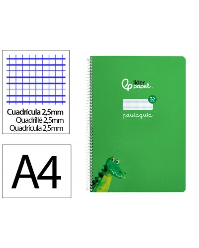 Cuaderno espiral liderpapel din a4 pautaguia tapa dura 80h 90 gr cuadro pautado 25mm color verde