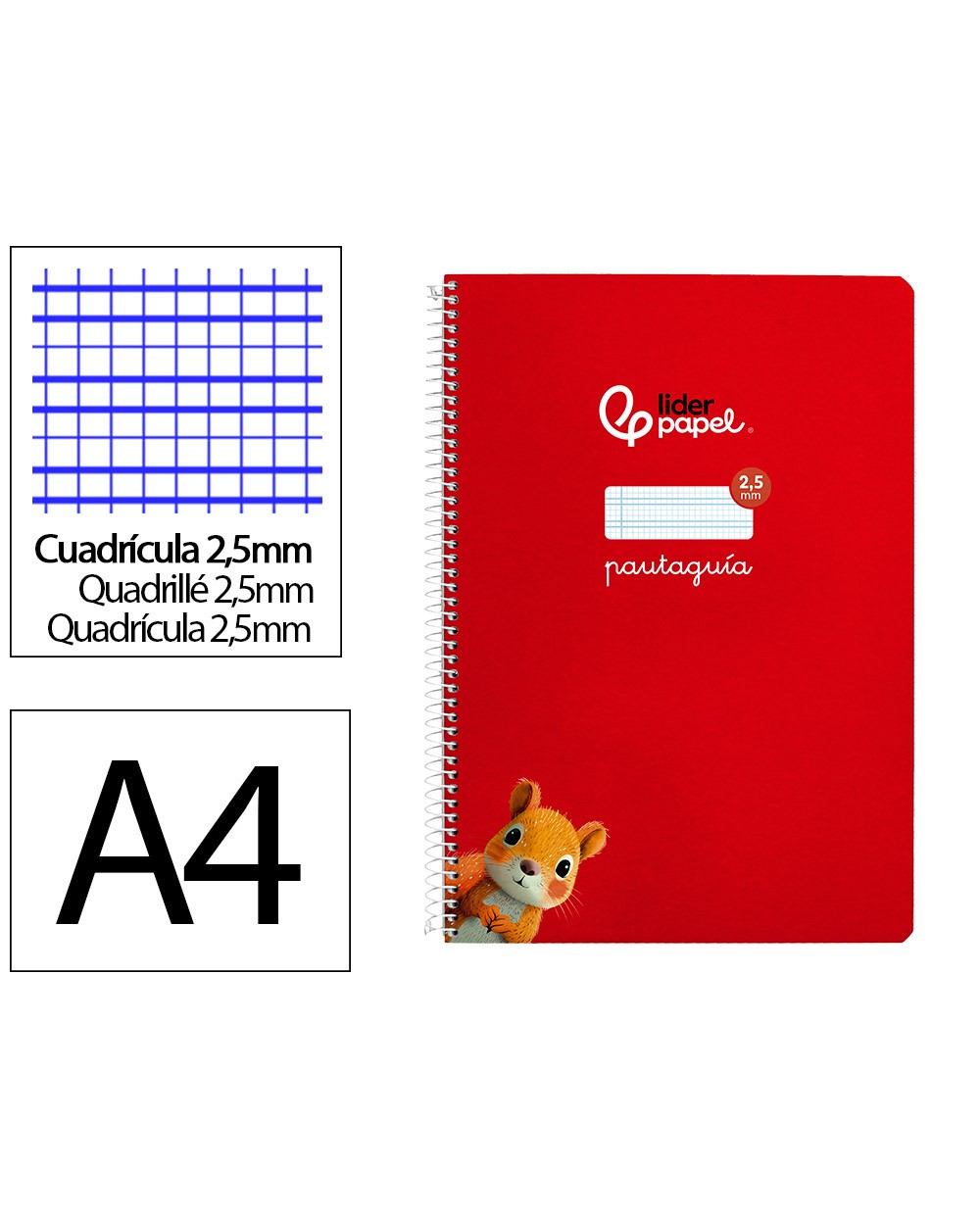 Cuaderno espiral liderpapel din a4 pautaguia tapa dura 80h 90 gr cuadro pautado 25mm color rojo