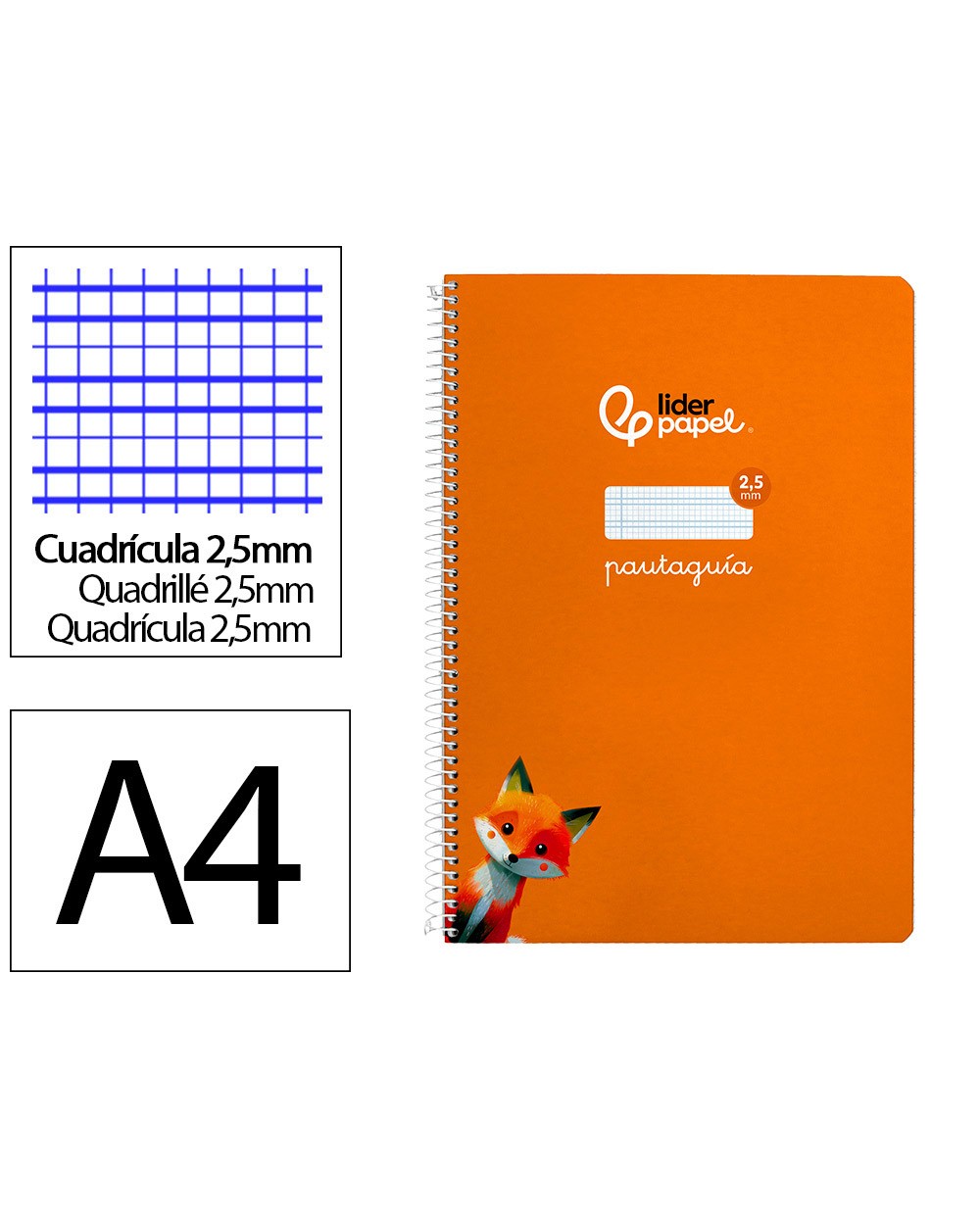 Cuaderno espiral liderpapel din a4 pautaguia tapa dura 80h 90 gr cuadro pautado 25 mm color naranja