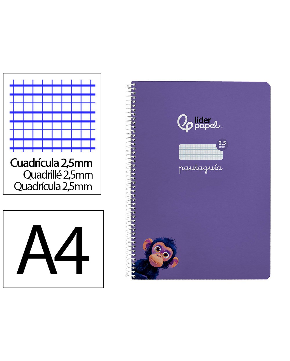 Cuaderno espiral liderpapel din a4 pautaguia tapa dura 80h 90 gr cuadro pautado 25mm color lila