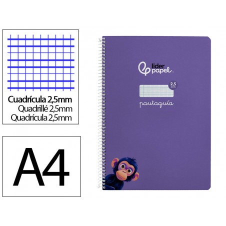 Cuaderno espiral liderpapel din a4 pautaguia tapa dura 80h 90 gr cuadro pautado 25mm color lila