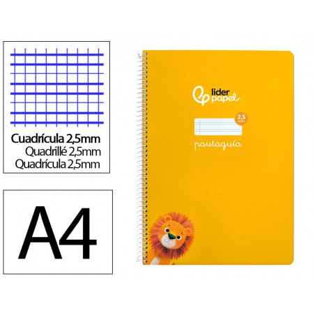 Cuaderno espiral liderpapel din a4 pautaguia tapa dura 80h 90 gr cuadro pautado 25 mm color amarillo