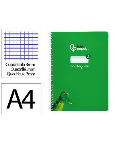 Cuaderno espiral liderpapel di n a4 pautaguia tapa blanda 80h 75 gr cuadro pautado 3mm color verde