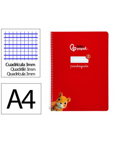 Cuaderno espiral liderpapel di n a4 pautaguia tapa blanda 80h 75 gr cuadro pautado 3mm color rojo