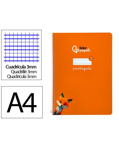 Cuaderno espiral liderpapel di n a4 pautaguia tapa blanda 80h 75 gr cuadro pautado 3mm color naranja