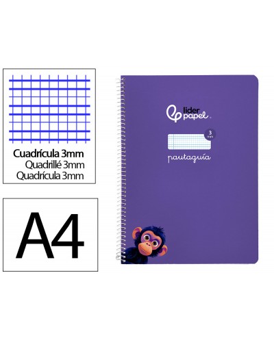 Cuaderno espiral liderpapel di n a4 pautaguia tapa blanda 80h 75 gr cuadro pautado 3mm color lila