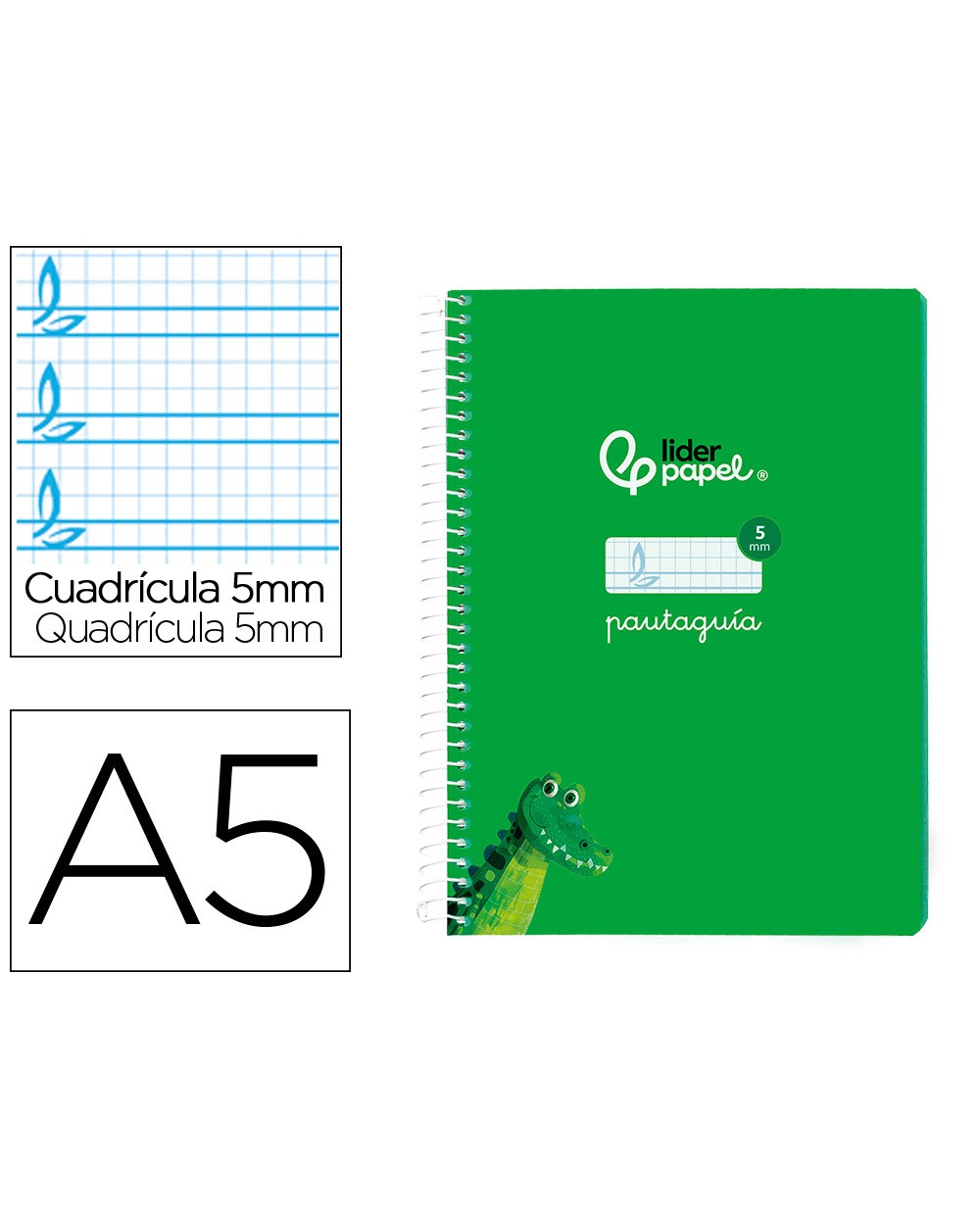 Cuaderno espiral liderpapel din a5 pautaguia tapa blanda 40 h 75 gr cuadro pautado 5mm color verde