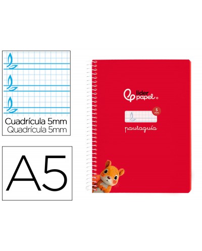 Cuaderno espiral liderpapel din a5 pautaguia tapa blanda 40h 75 gr cuadro pautado 5mm color rojo