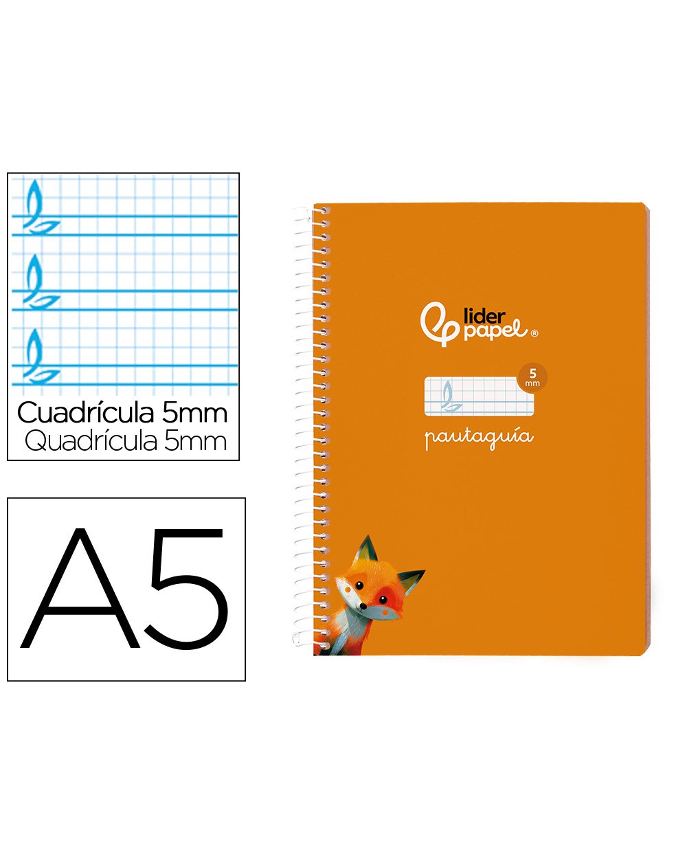 Cuaderno espiral liderpapel din a5 pautaguia tapa blanda 40 h 75 gr cuadro pautado 5mm color naranja