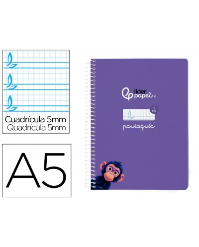 Cuaderno espiral liderpapel din a5 pautaguia tapa blanda 40h 75gr cuadro pautado 5mm color lila