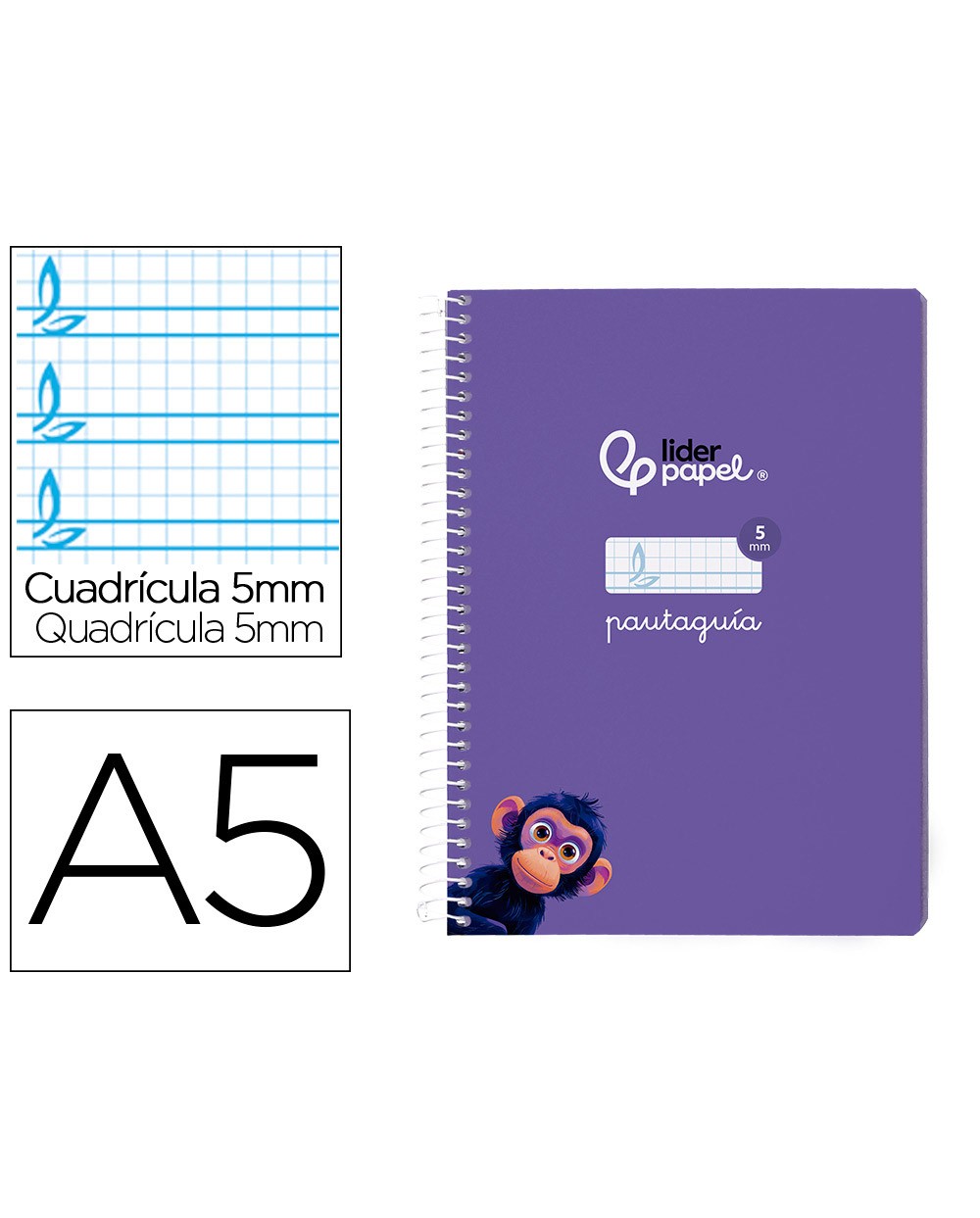 Cuaderno espiral liderpapel din a5 pautaguia tapa blanda 40h 75gr cuadro pautado 5mm color lila