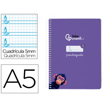 Cuaderno espiral liderpapel din a5 pautaguia tapa blanda 40h 75gr cuadro pautado 5mm color lila