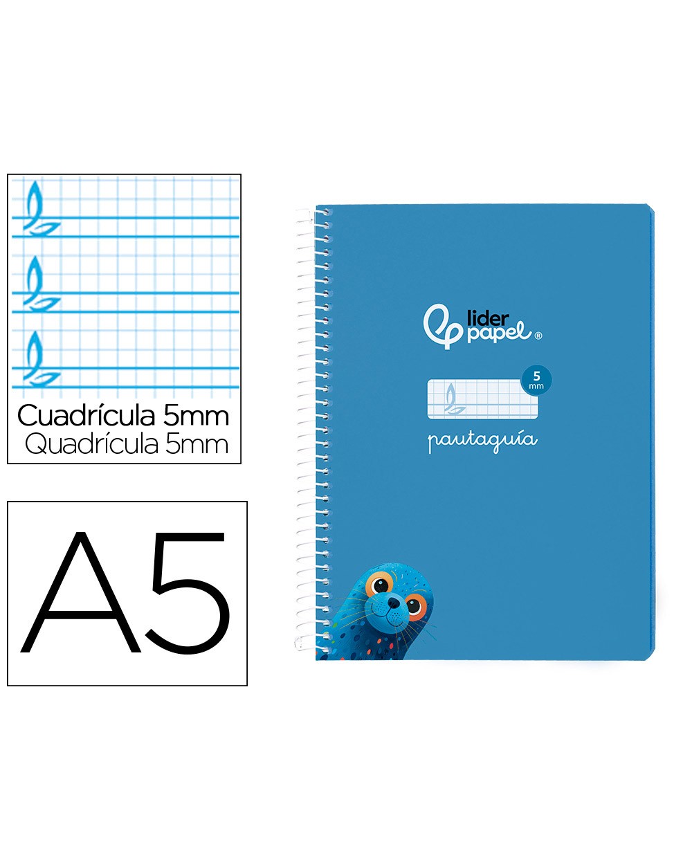 Cuaderno espiral liderpapel din a5 pautaguia tapa blanda 40h 75 gr cuadro pautado 5mm color azul