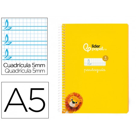 Cuaderno espiral liderpapel din a5 pautaguia tapa blanda 40h 75 gr cuadro pautado 5mm color amarillo