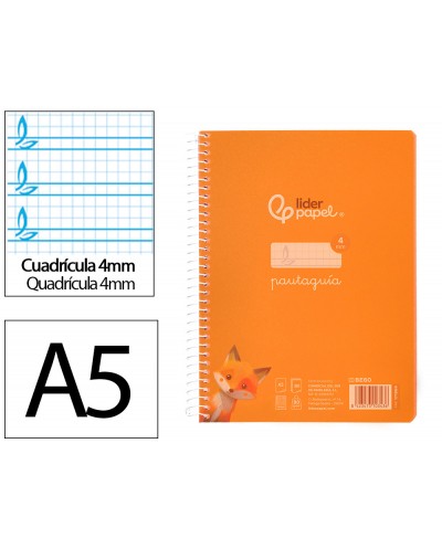 Cuaderno espiral liderpapel din a5 pautaguia tapa plastico 80h 90gr cuadro pautado 4mm color naranja