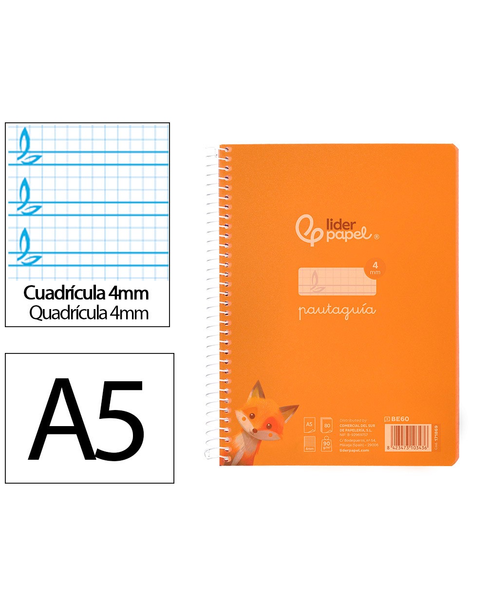 Cuaderno espiral liderpapel din a5 pautaguia tapa plastico 80h 90gr cuadro pautado 4mm color naranja