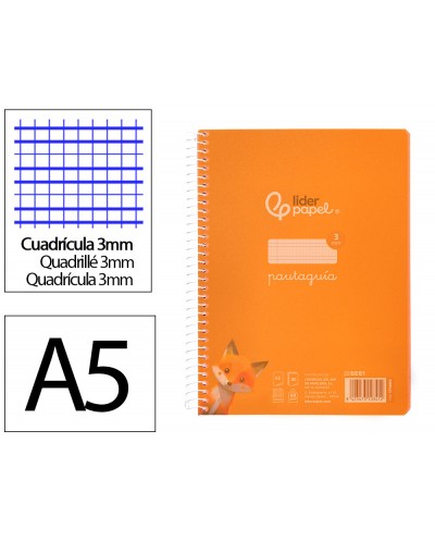 Cuaderno espiral liderpapel din a5 pautaguia tapa plastico 80h 90gr cuadro pautado 3mm color naranja