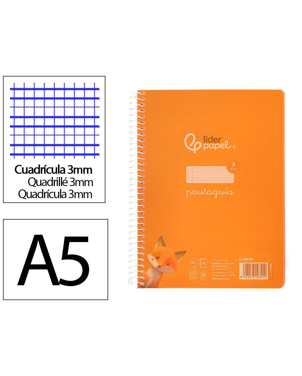 Cuaderno espiral liderpapel din a5 pautaguia tapa plastico 80h 90gr cuadro pautado 3mm color naranja