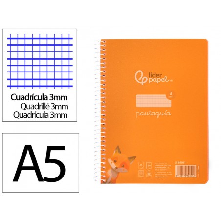 Cuaderno espiral liderpapel din a5 pautaguia tapa plastico 80h 90gr cuadro pautado 3mm color naranja