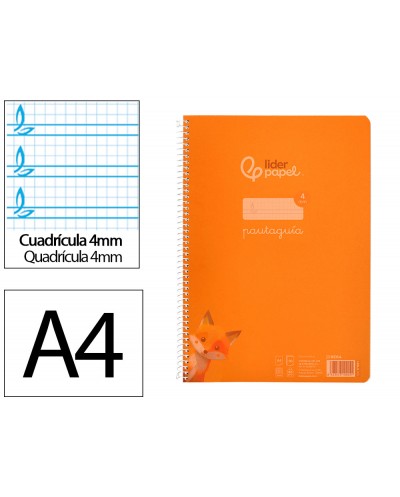 Cuaderno espiral liderpapel din a4 pautaguia tapa plastico80h 90gr cuadro pautado 4mm con margen color naranja