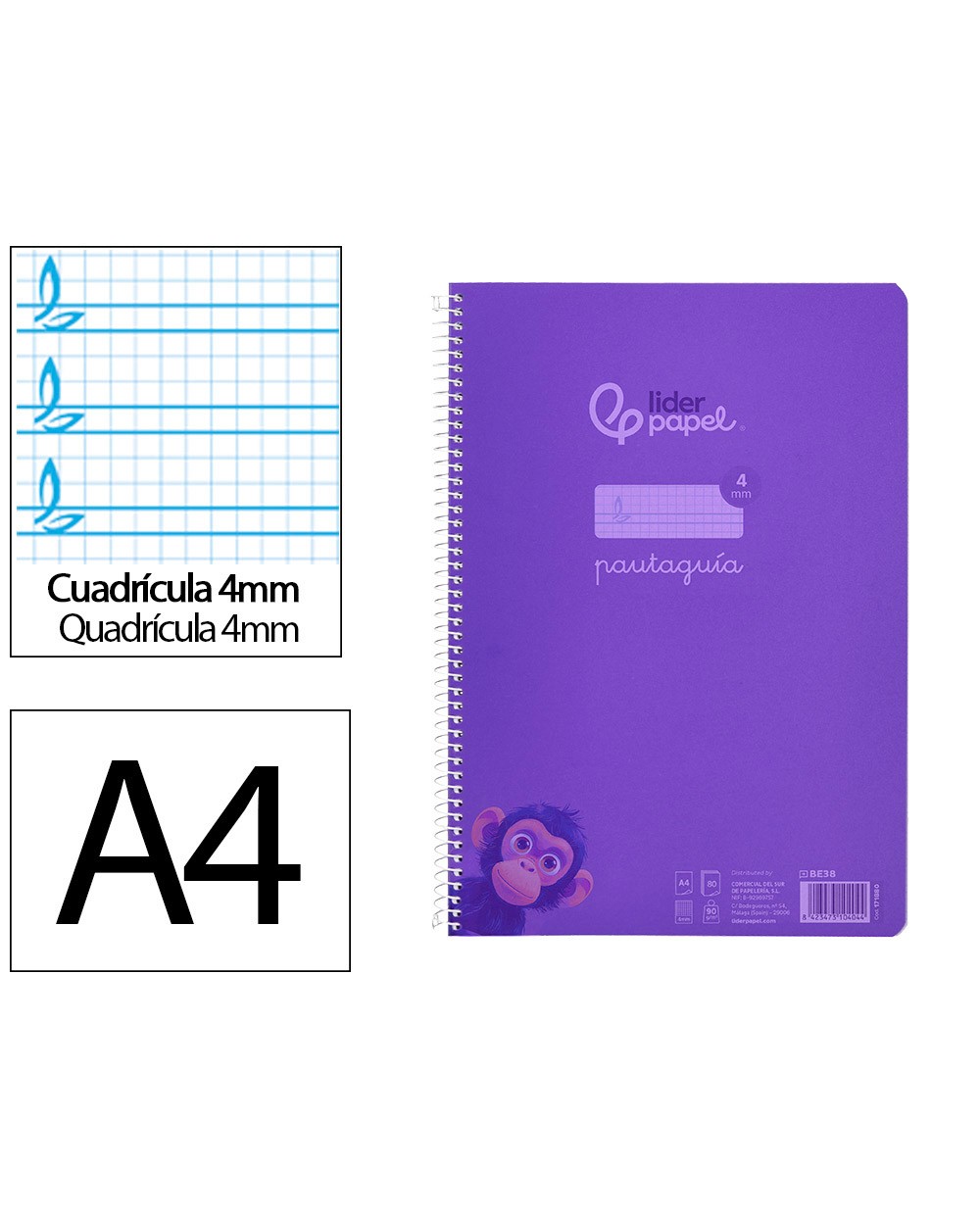 Cuaderno espiral liderpapel din a4 pautaguia tapa plastico80h 90gr cuadro pautado 4mm con margen color lila