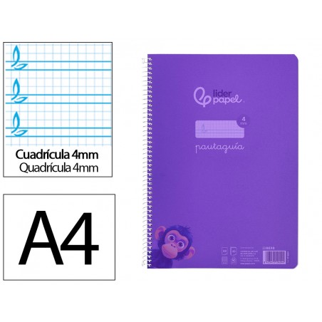 Cuaderno espiral liderpapel din a4 pautaguia tapa plastico80h 90gr cuadro pautado 4mm con margen color lila