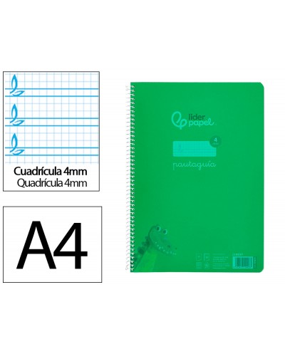 Cuaderno espiral liderpapel din a4 pautaguia tapa plastico80h 90gr cuadro pautado 4mm con margen color verde