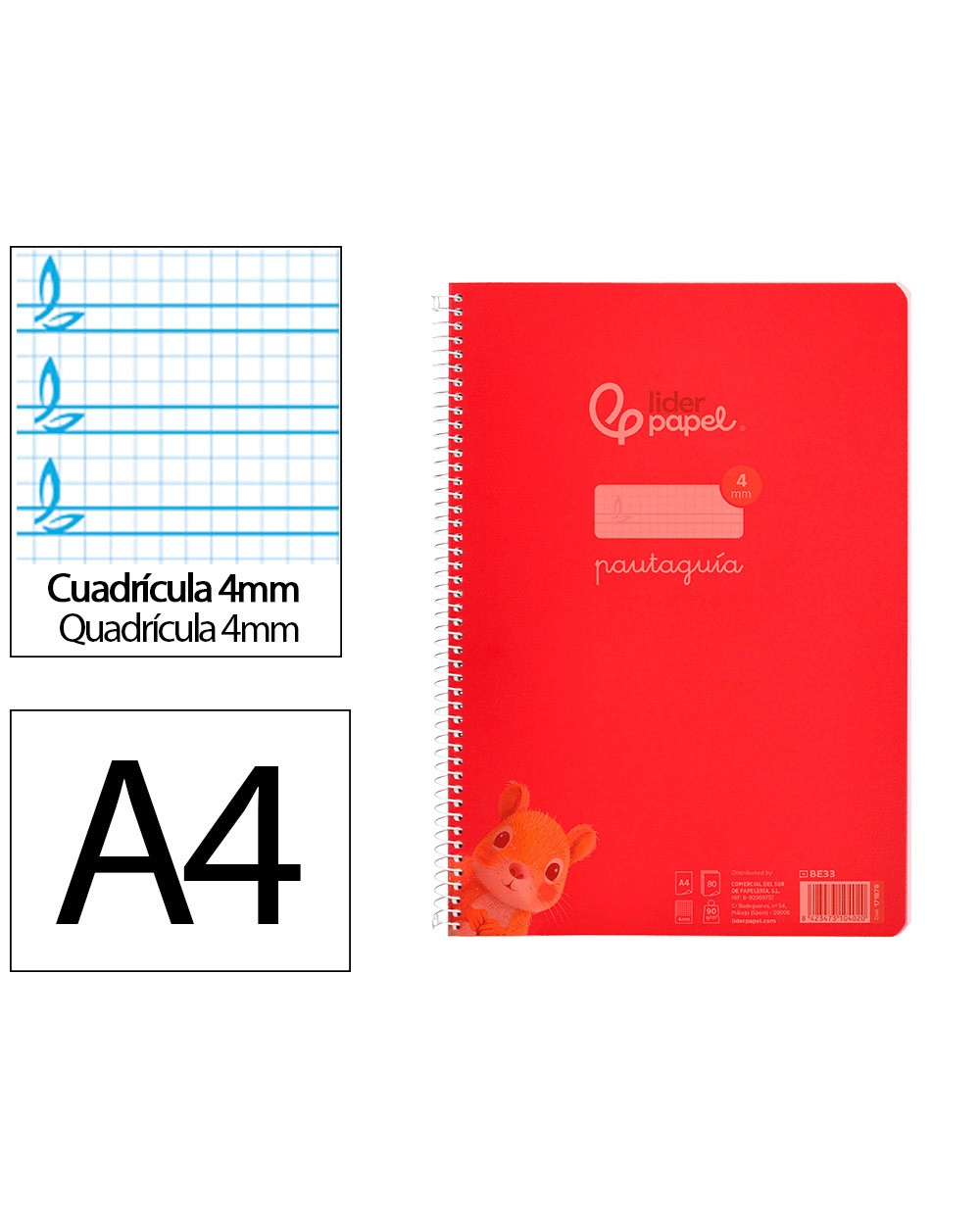 Cuaderno espiral liderpapel din a4 pautaguia tapa plastico80h 90gr cuadro pautado 4mm con margen color rojo