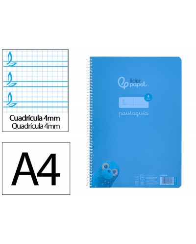 Cuaderno espiral liderpapel din a4 pautaguia tapa plastico80h 90gr cuadro pautado 4mm con margen color azul