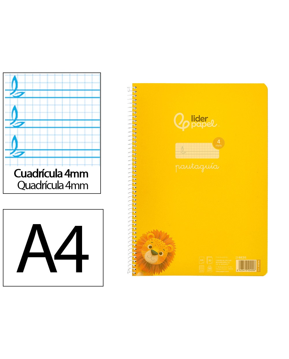 Cuaderno espiral liderpapel din a4 pautaguia tapa plastico80h 90gr cuadro pautado 4mm con margen color amarillo