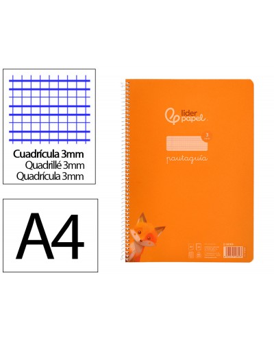 Cuaderno espiral liderpapel din a4 pautaguia tapa plastico80h 90gr cuadro pautado 3mm con margen color naranja