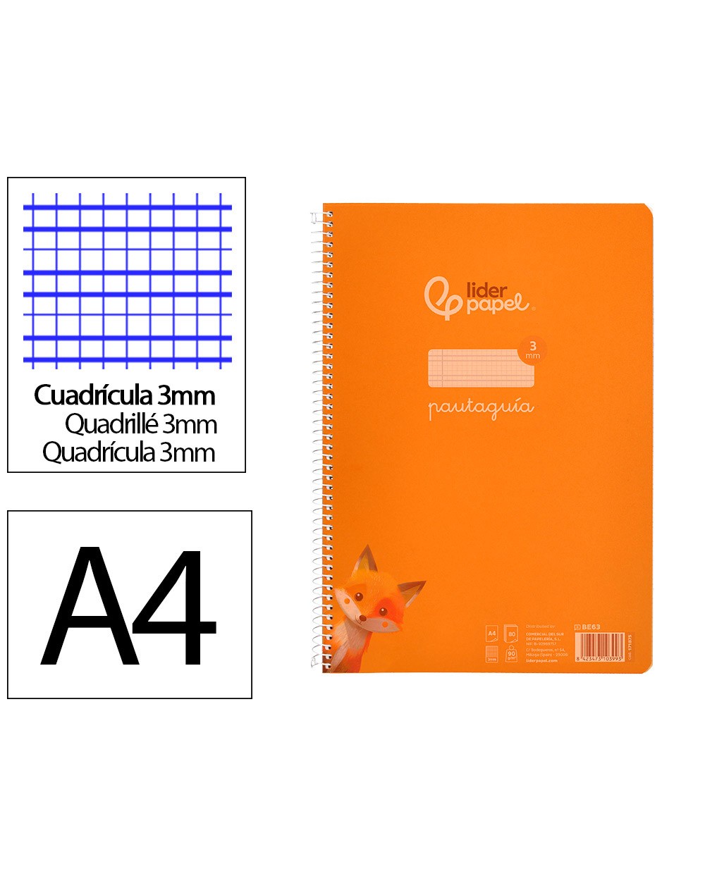 Cuaderno espiral liderpapel din a4 pautaguia tapa plastico80h 90gr cuadro pautado 3mm con margen color naranja