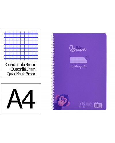 Cuaderno espiral liderpapel din a4 pautaguia tapa plastico 80h 90gr cuadro pautado 3 mm con margen color lila