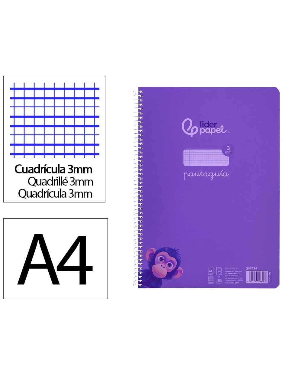 Cuaderno espiral liderpapel din a4 pautaguia tapa plastico 80h 90gr cuadro pautado 3 mm con margen color lila