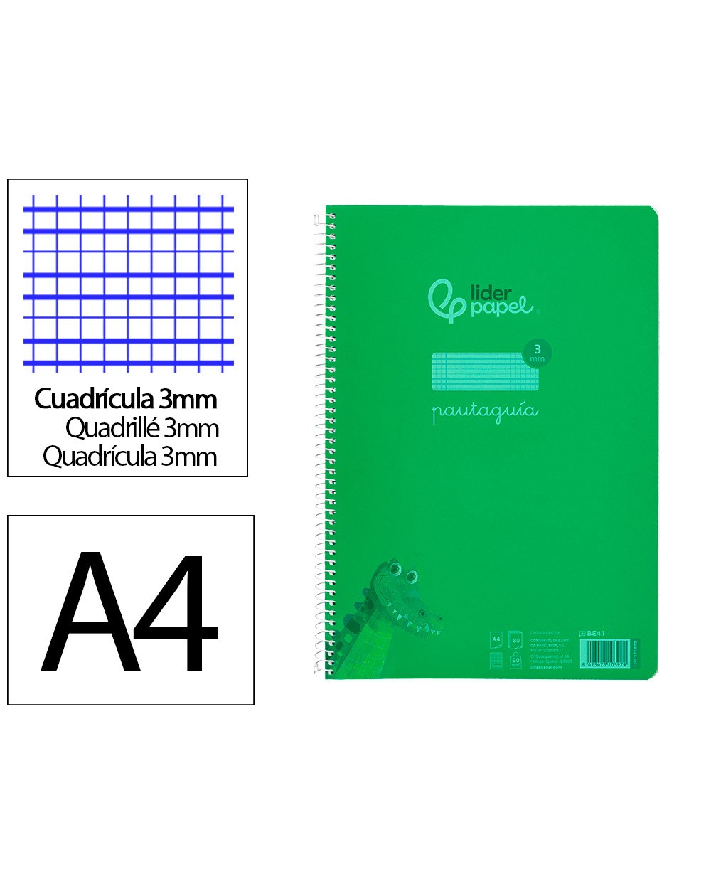 Cuaderno espiral liderpapel din a4 pautaguia tapa plastico 80h 90gr cuadro pautado 3mm con margen color verde