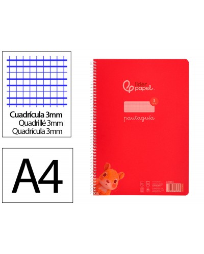 Cuaderno espiral liderpapel din a4 pautaguia tapa plastico80h 90gr cuadro pautado 3mm con margen color rojo