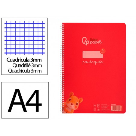 Cuaderno espiral liderpapel din a4 pautaguia tapa plastico80h 90gr cuadro pautado 3mm con margen color rojo