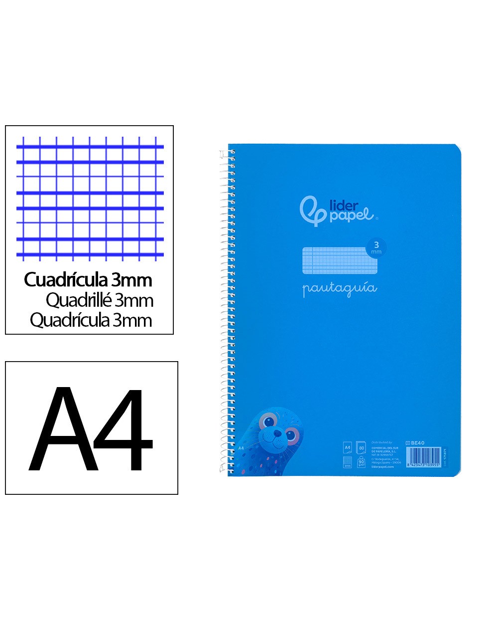 Cuaderno espiral liderpapel din a4 pautaguia tapa plastico 80h 90gr cuadro pautado 3mm con margen color azul