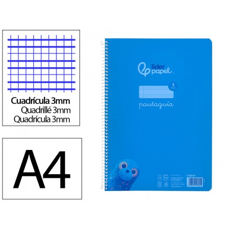 Cuaderno espiral liderpapel din a4 pautaguia tapa plastico 80h 90gr cuadro pautado 3mm con margen color azul