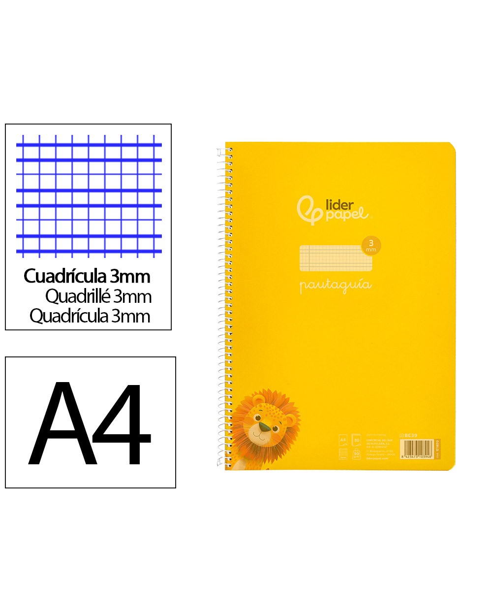 Cuaderno espiral liderpapel din a4 pautaguia tapa plastico 80h 90gr cuadro pautado 3mm con margen color amarillo