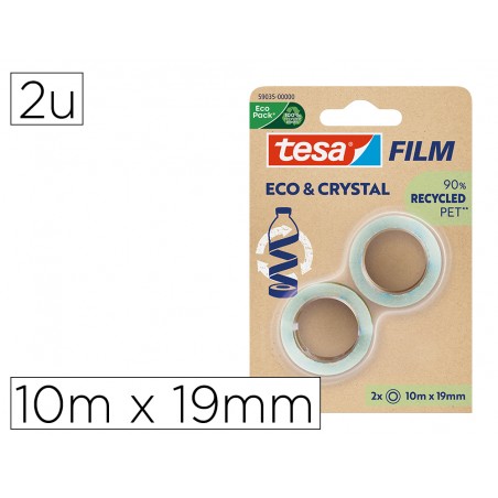 Cinta adhesiva tesa film ecocristal transparente 10 m x 19 mm blister de 2 unidades