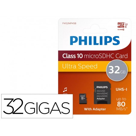 Memoria sdhc micro philips 32gb class 10 con adaptador