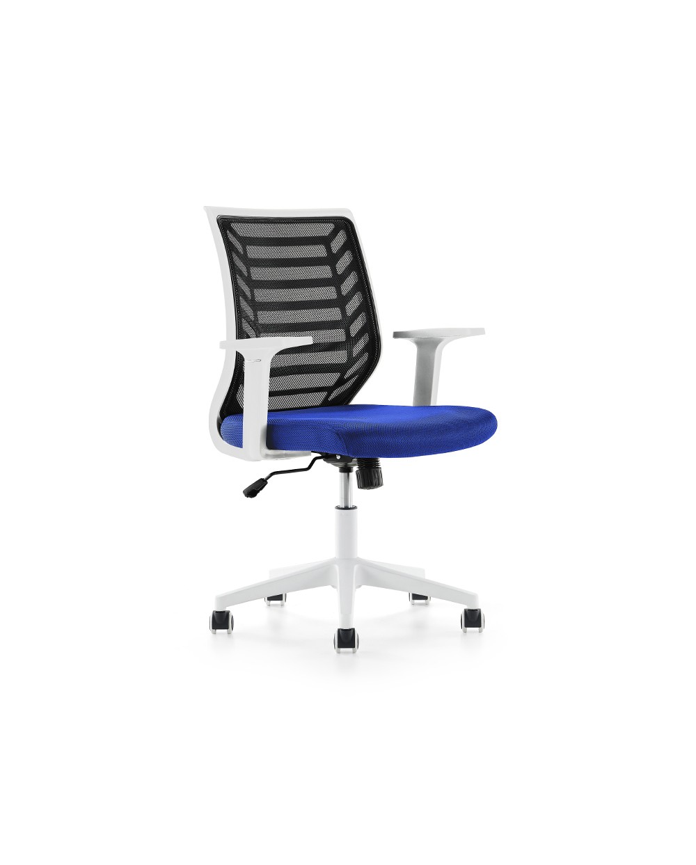 Silla rocada de oficina brazos regulables estructura blanca respaldo malla y asiento tela ignifuga azul