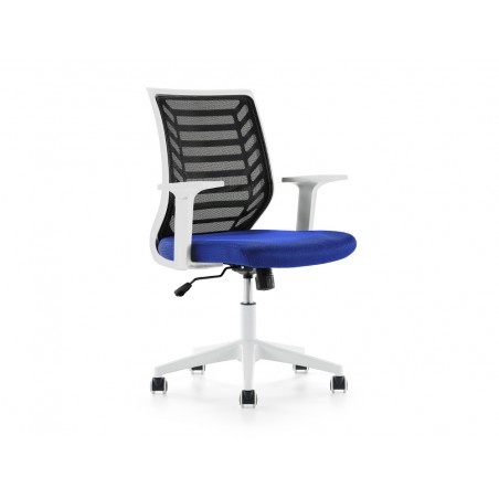 Silla rocada de oficina brazos regulables estructura blanca respaldo malla y asiento tela ignifuga azul