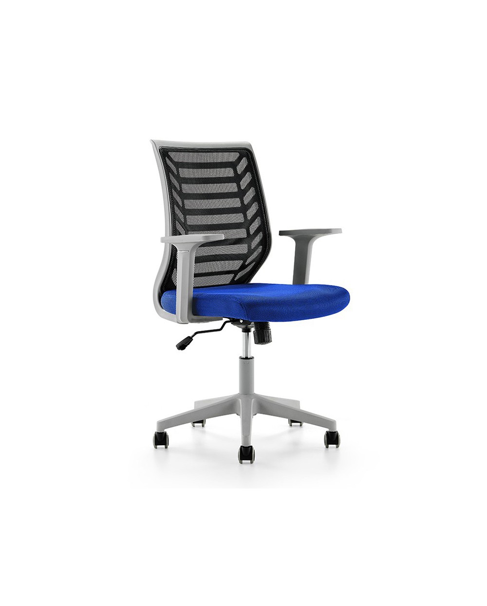 Silla rocada de oficina brazos regulables estructura gris respaldo malla y asiento tela ignifuga azul