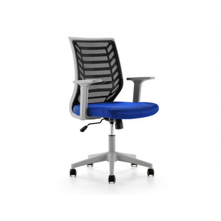 Silla rocada de oficina brazos regulables estructura gris respaldo malla y asiento tela ignifuga azul