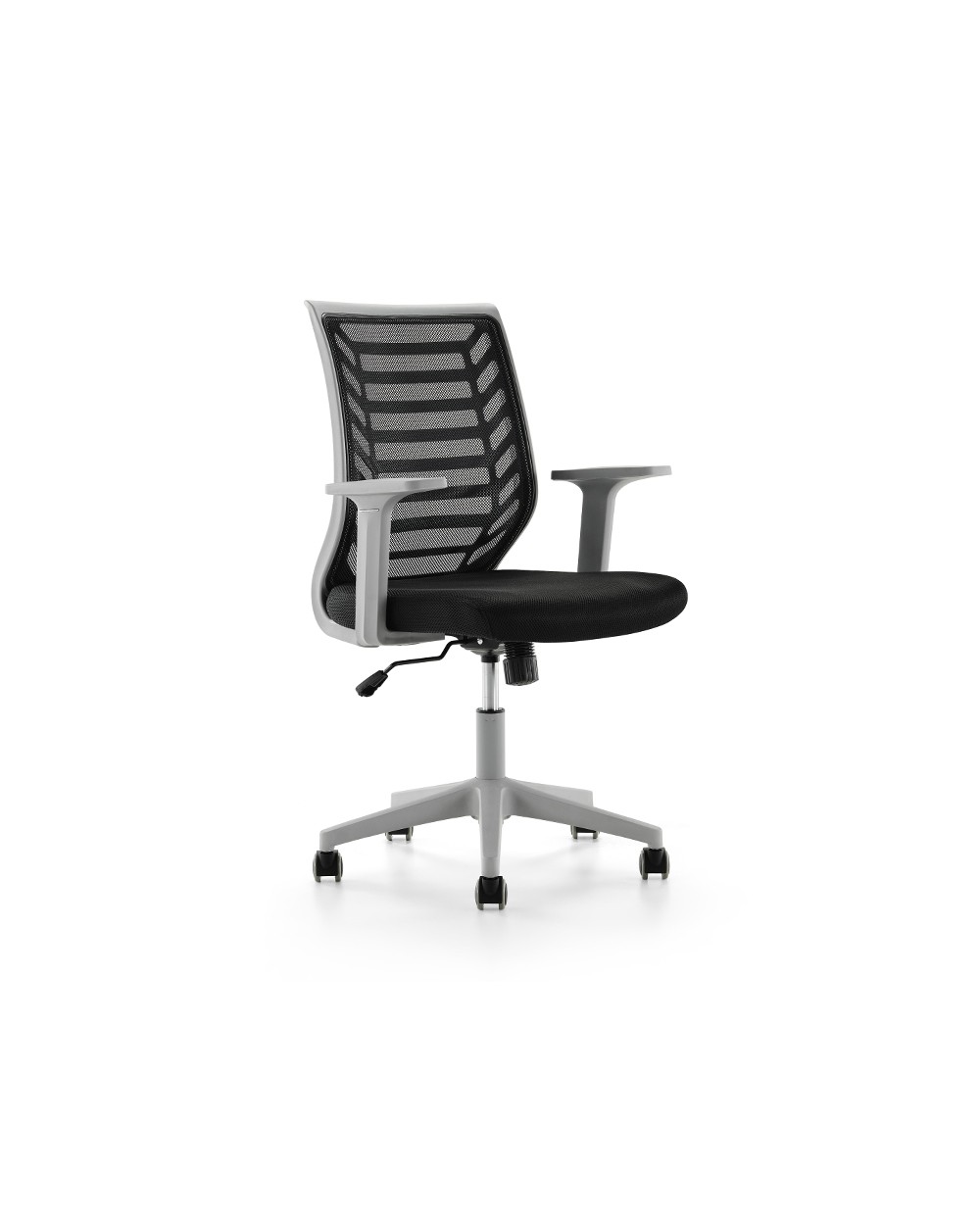 Silla rocada de oficina brazos regulables estructura gris respaldo malla y asiento tela ignifuga negro